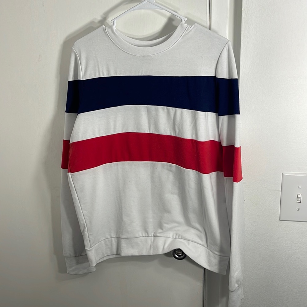 Navy blue and red striped white sweater